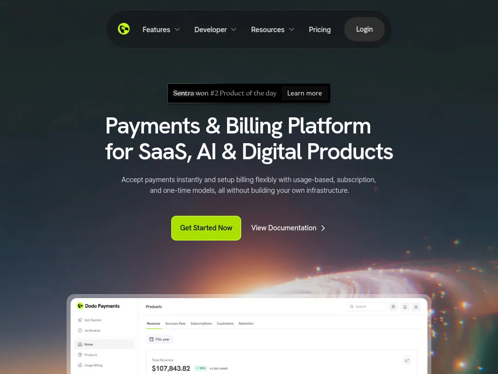 Dodo Payments homepage showing international payment processing solution for countries without Stripe access