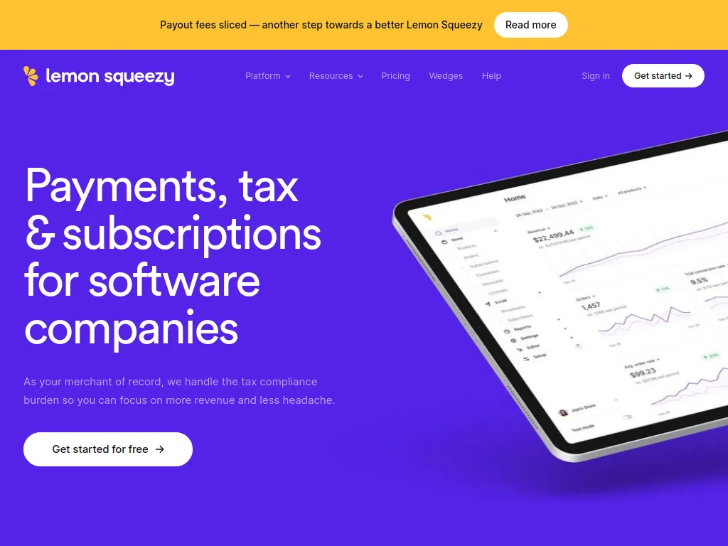 Lemon Squeezy payment platform dashboard showing merchant of record features for global digital product sales and tax compliance