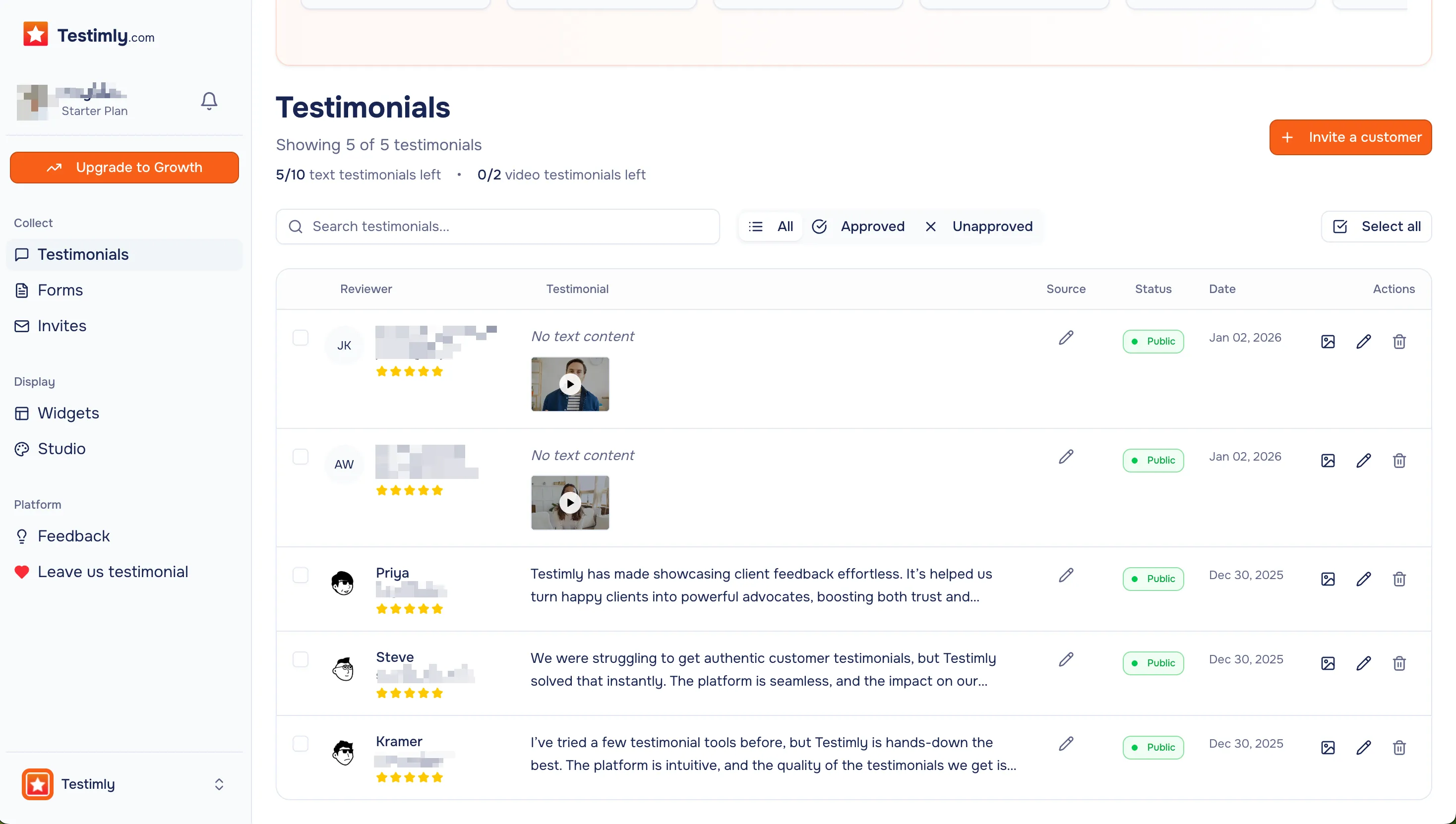 Manage Testimonials Dashboard